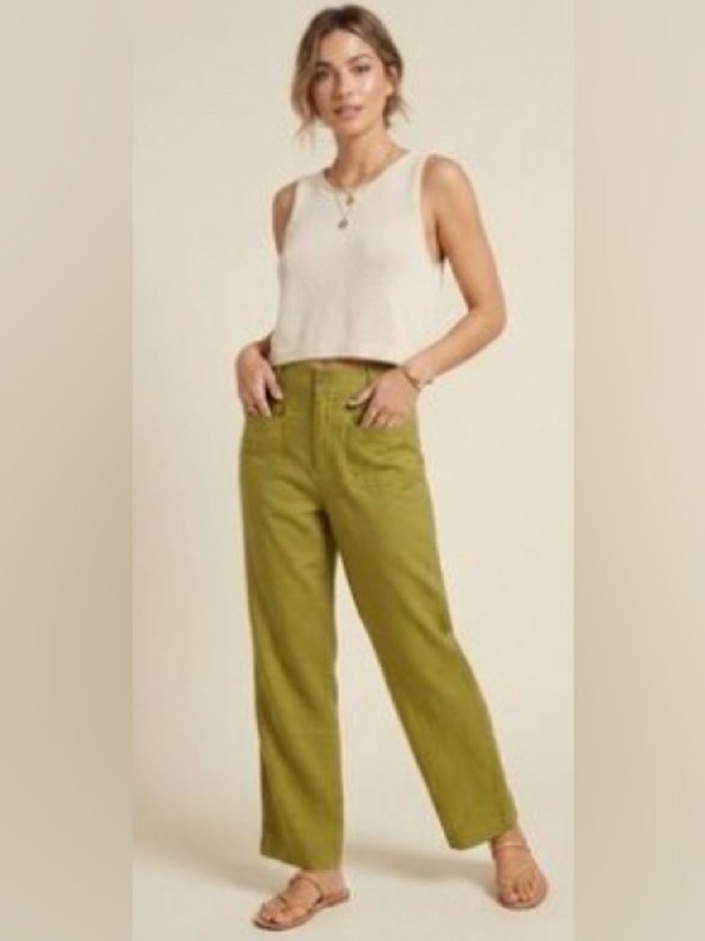 Nicole Miller Linen Olive Green Wide-Leg Women Pants Size 6
